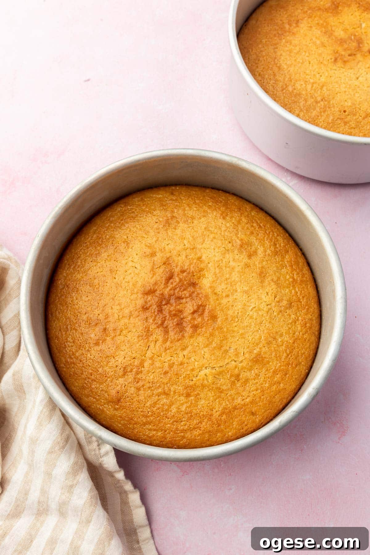 Two round 8-inch baking pans with gluten-free vanilla cake in them after baking in the oven.