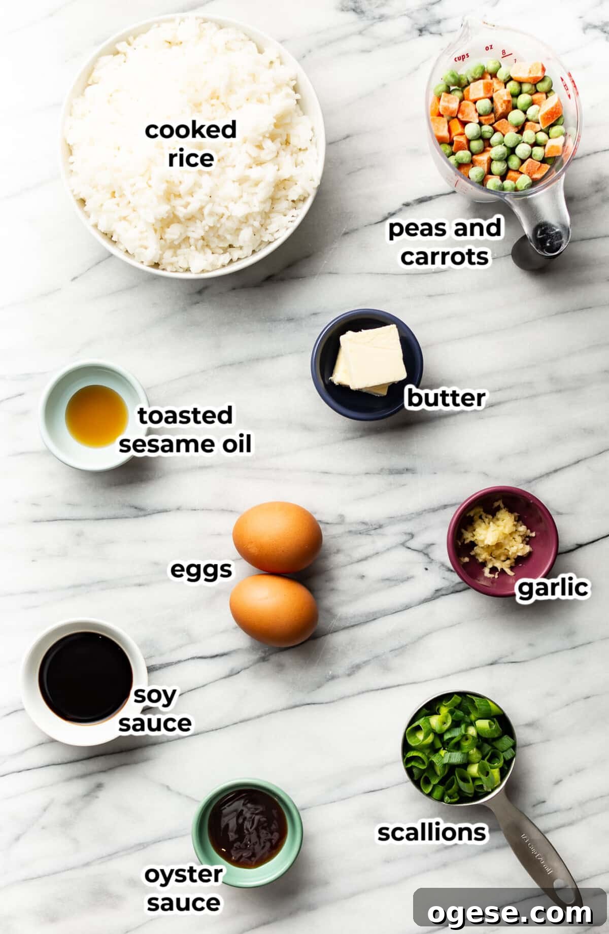 Quick Homemade Fried Rice Recipe for Perfect Weeknight Meals 3 ingredients for fried rice in prep bowls