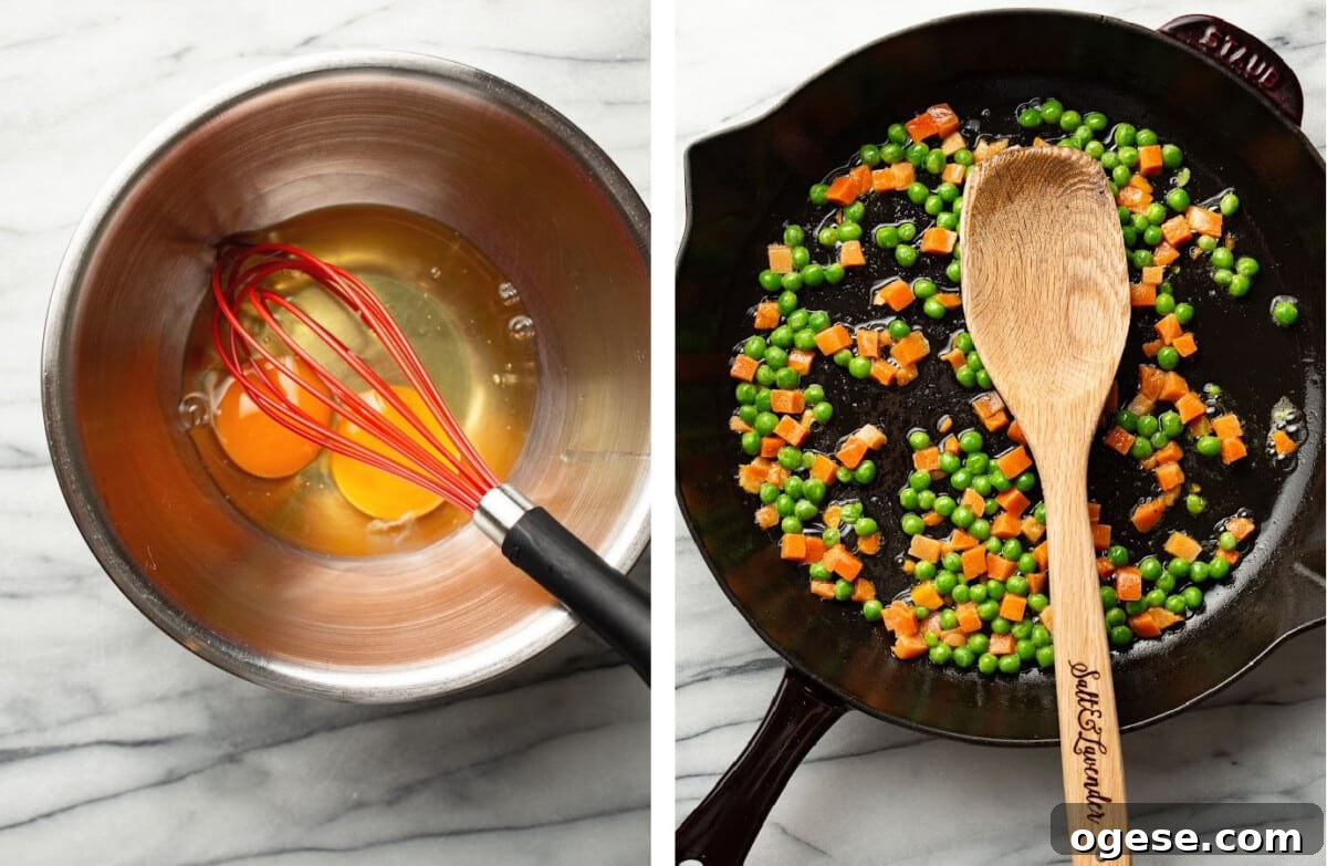 Quick Homemade Fried Rice Recipe for Perfect Weeknight Meals 4 whisking eggs in a prep bowl and stir frying vegetables in a skillet