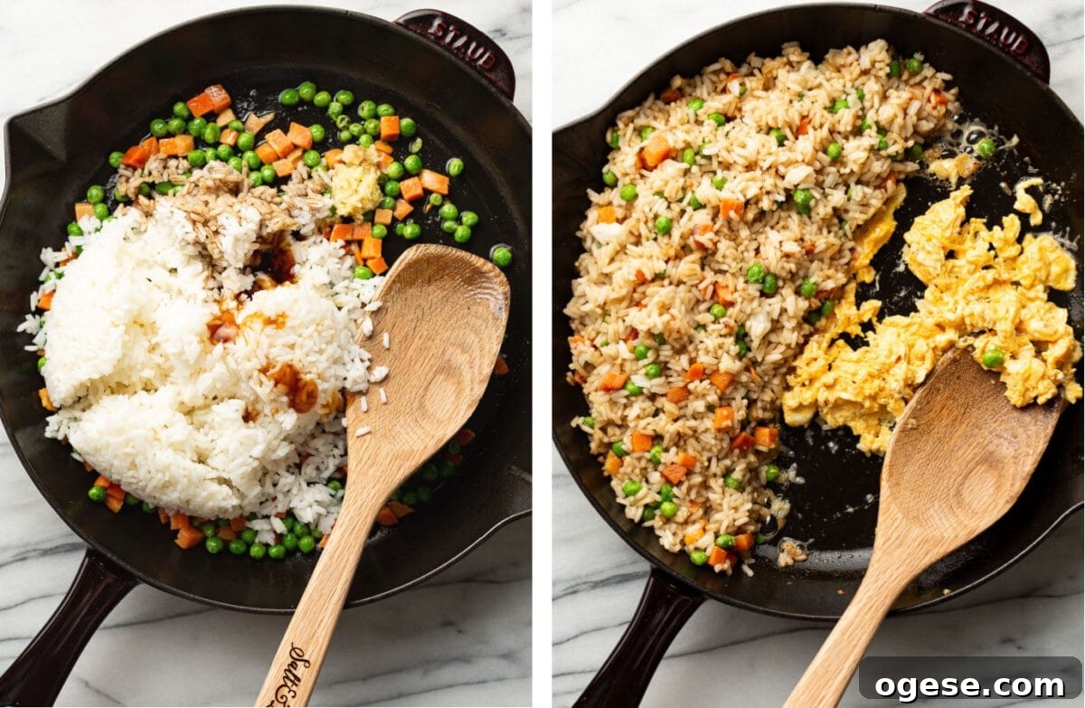 Quick Homemade Fried Rice Recipe for Perfect Weeknight Meals 5 adding rice to a skillet and scrambling eggs