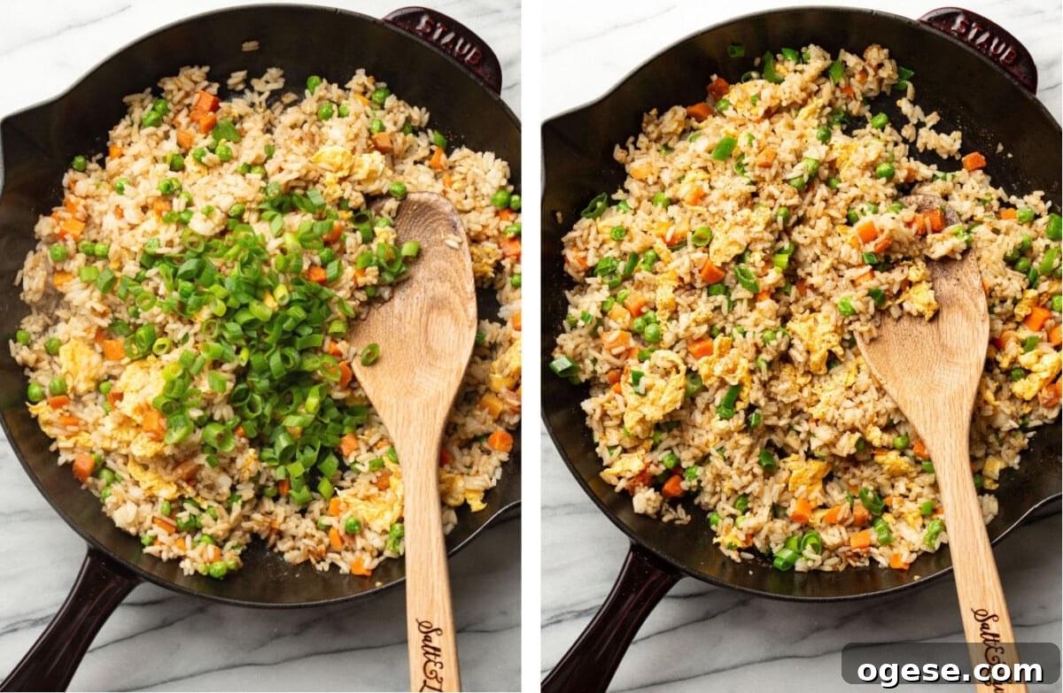 Quick Homemade Fried Rice Recipe for Perfect Weeknight Meals 6 adding in scallions to a skillet with fried rice