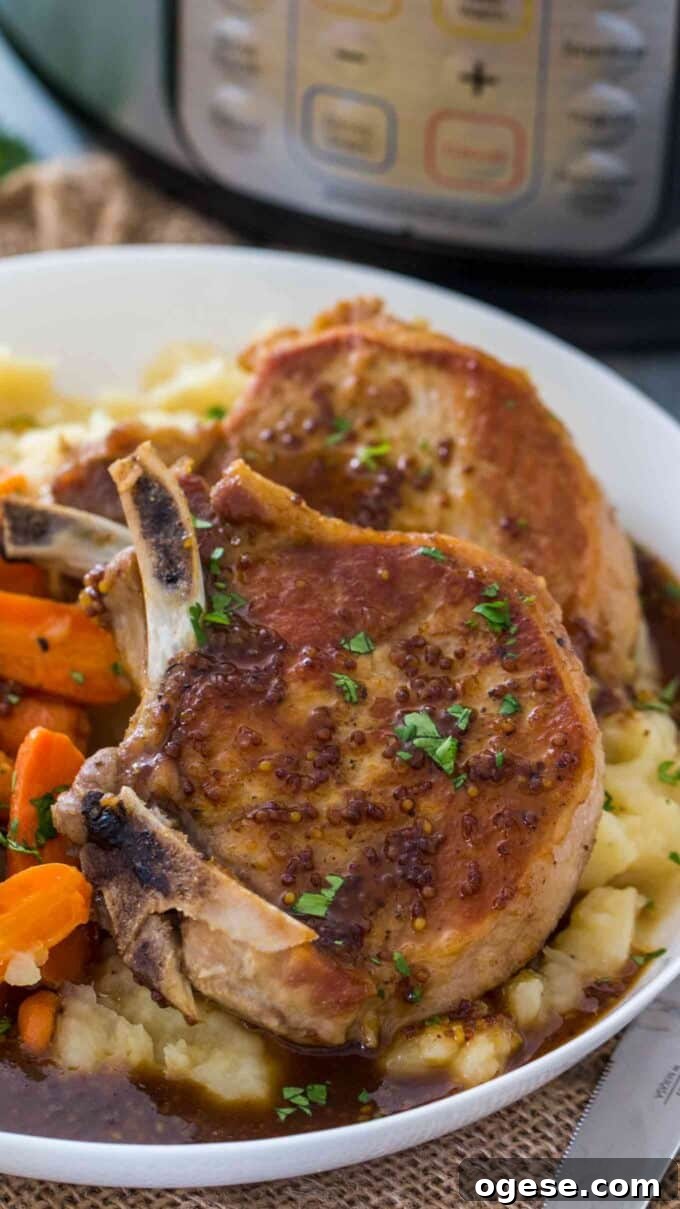 Nicely browned instant pot apple cider pork chops over mashed potatoes and carrots on the side.