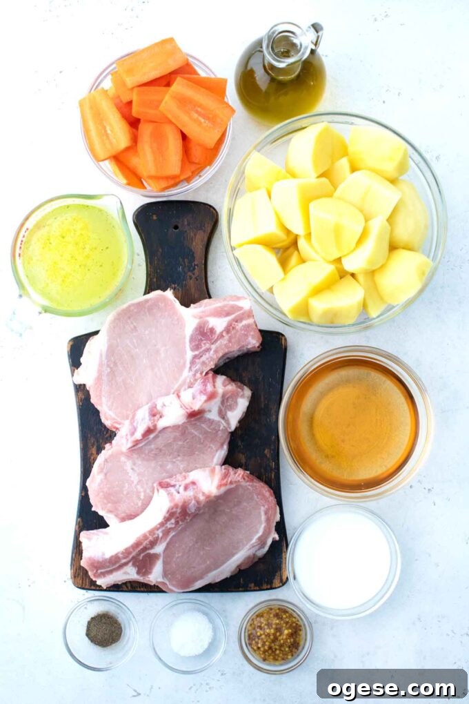 Instant Pot apple cider pork chops ingredients in bowls on a table.