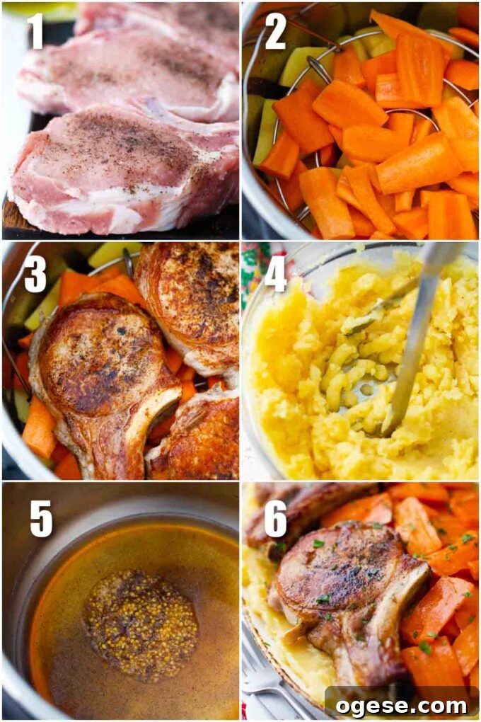 collage of photos showing how to make instant pot apple cider pork chops with carrots and mashed potatoes
