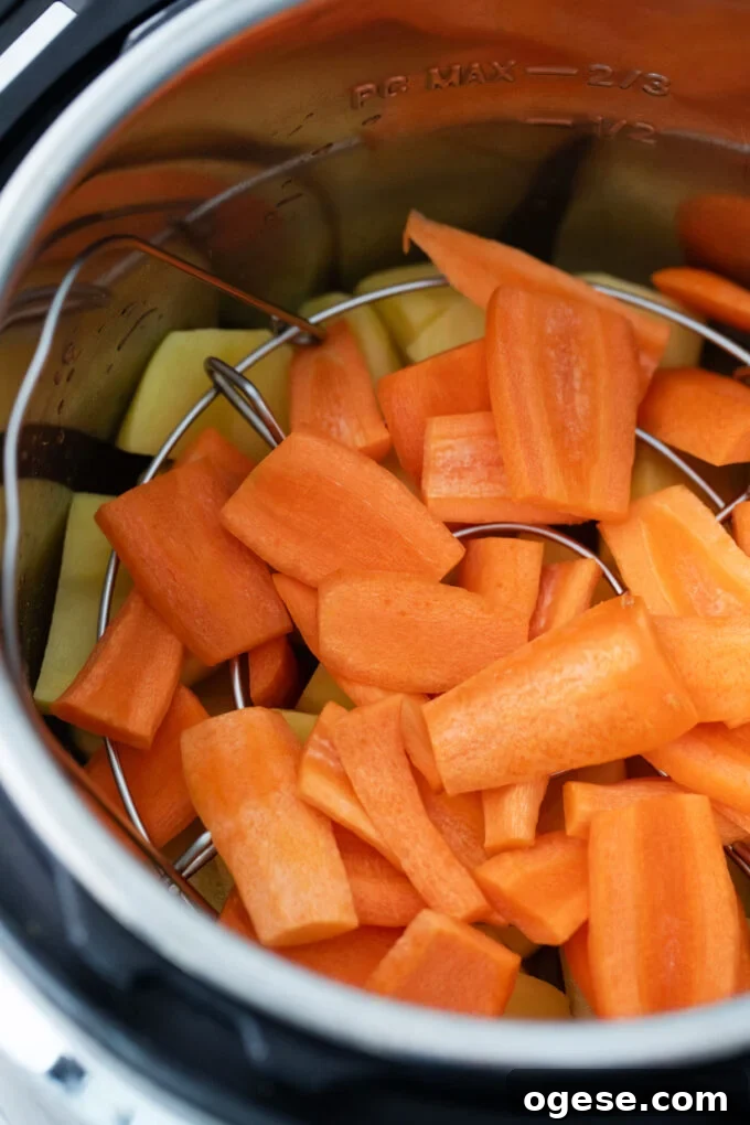Adding carrots and potatoes to the Instant Pot.