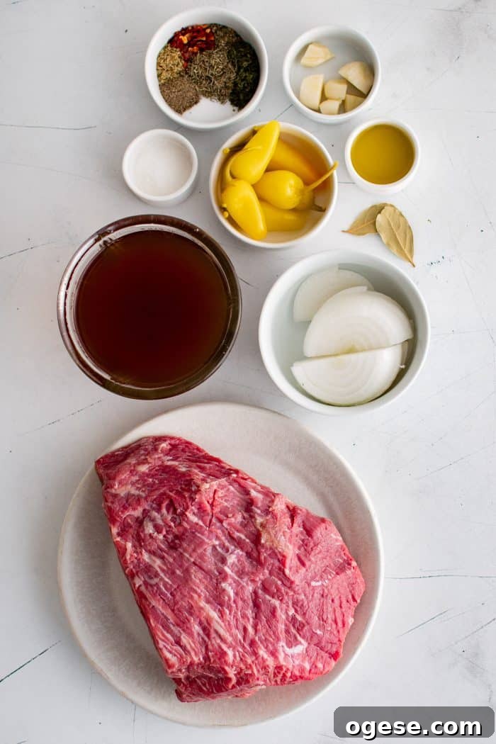 Classic Italian Beef Sandwich Recipe: Tender Slow-Cooked Roast Beef on Italian Bread 3 Ingredients needed to make Italian beef that will be used to make Chicago-style Italian beef sandwiches.