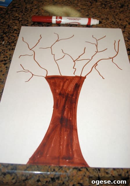 Fingerprint Fall Tree Crafts for Kids: Simple Autumn Art Project 3 tree drawn on paper