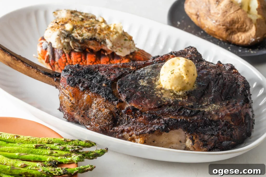 How to Cook a Tomahawk Steak Perfectly Every Time 3 cooked tomahawk steak topped with a scoop of compound butter on a plate with a cooked lobster tail. asparagus spears and a baked potato with butter in the background