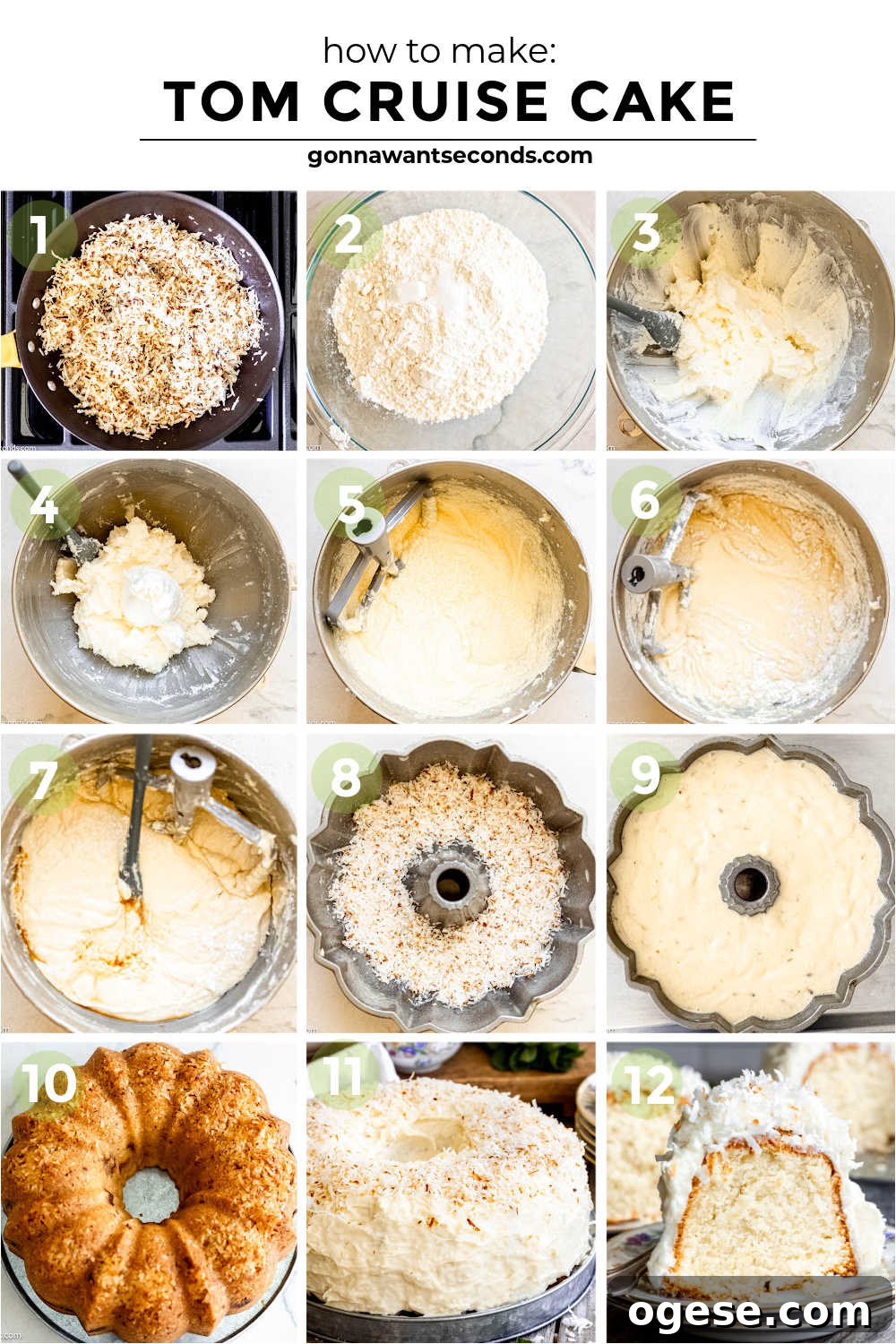 ur Tom Cruise cake features a rich coconut batter, a chewy coconut layer, and cream cheese frosting topped with coconut! Best cake EVER! #tomcruisecake #coconutcake Step by step how to make Tom Cruise Cake