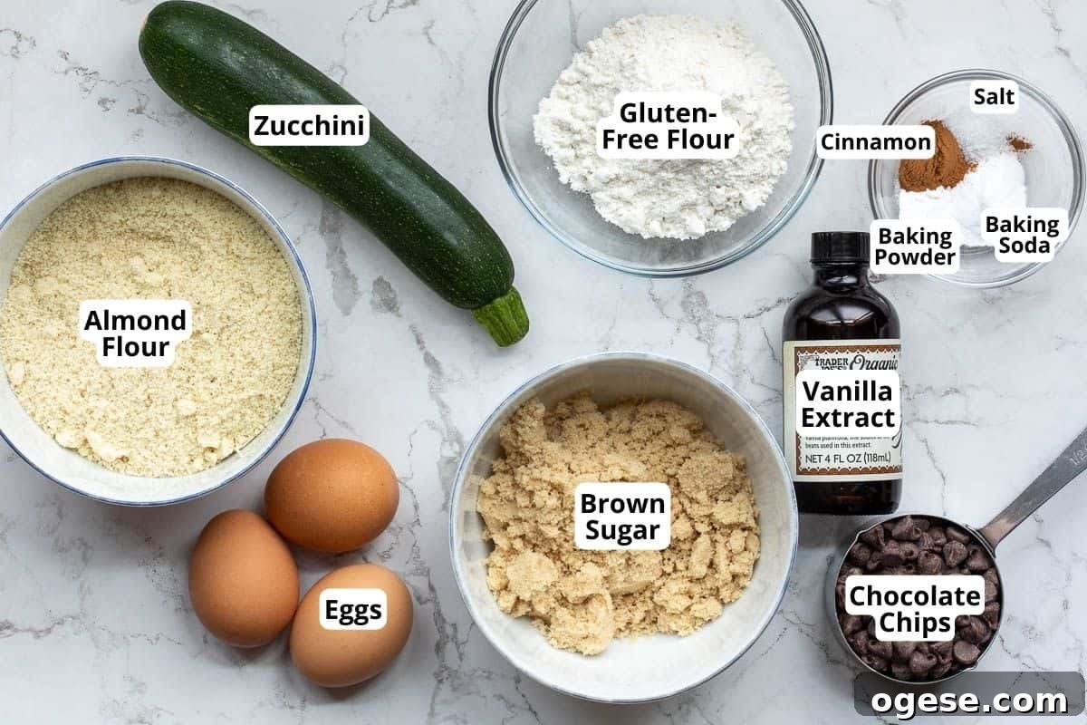 almond flour, zucchini, eggs, gluten-free flour, brown sugar, vanilla extract, chocolate chips, cinnamon, baking powder, baking soda, and salt.