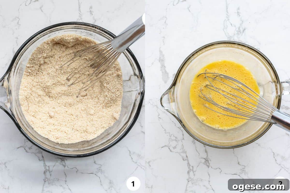 process shots of one mixing bowl with dry ingredients next to one mixing bowl with wet ingredients.