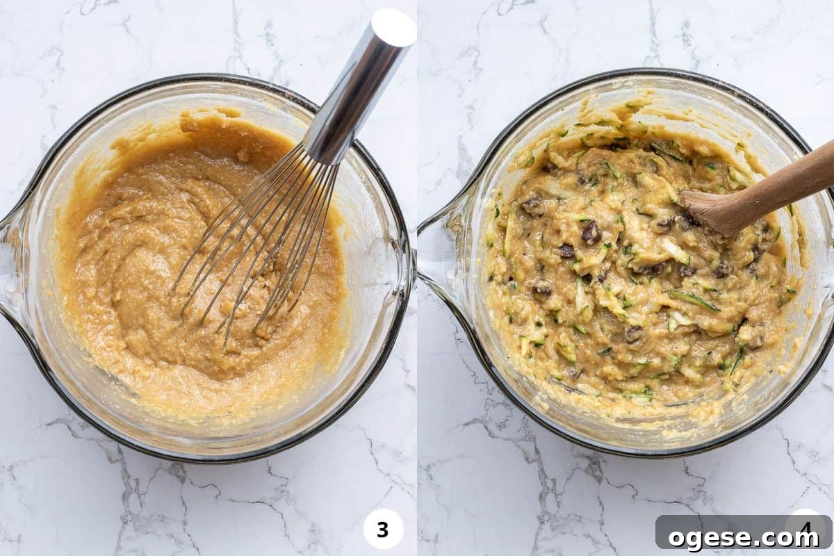 two process shots showing almond flour muffin batter before and after adding zucchini and chocolate chips.