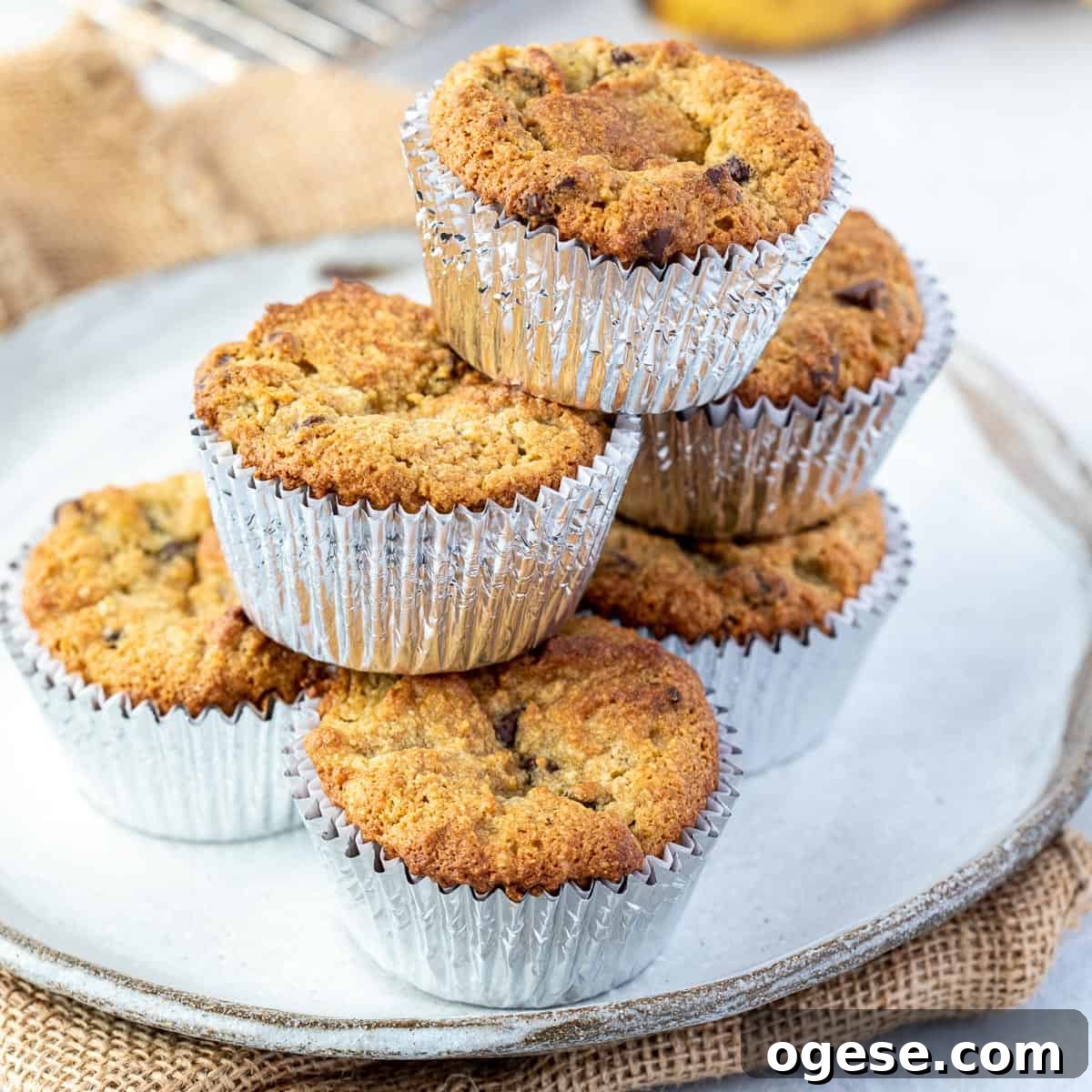 stack of banana muffins with almond flour on plate