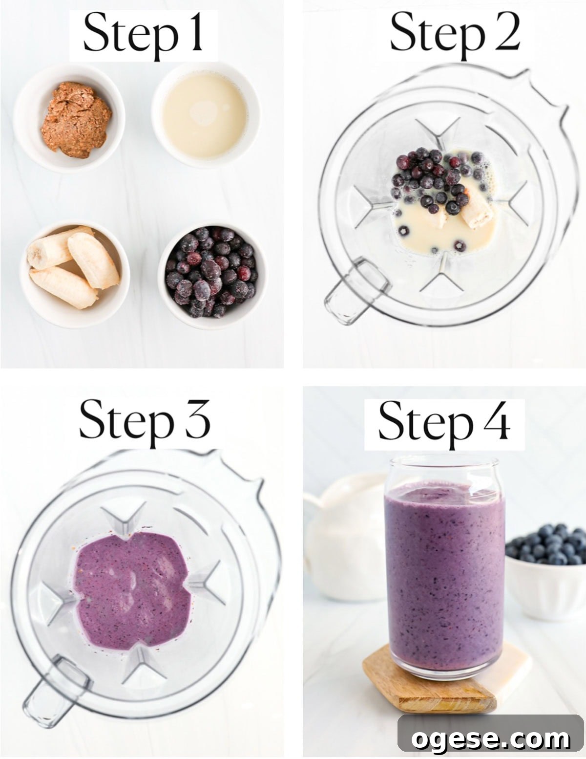 Blueberry Peanut Butter Smoothie Recipe for Creamy Energy Boost 4 4 pictures labeled step 1-step 4 for how to make a blueberry smoothie.