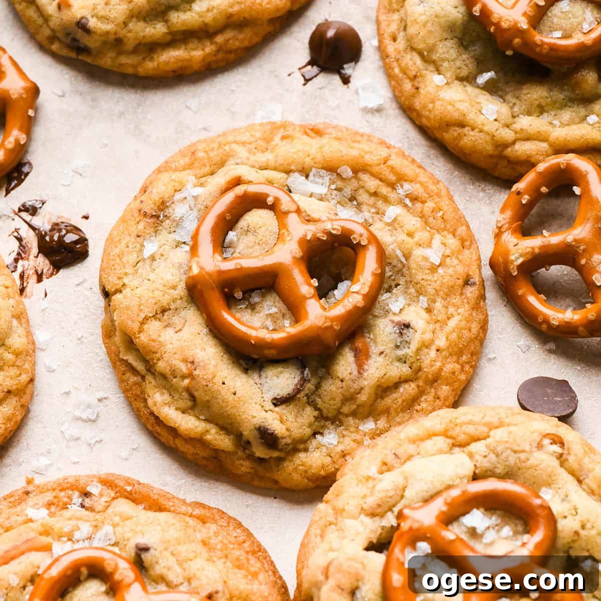 Salted Pretzel Chocolate Chip Cookies: Sweet Meets Crunch 2 6 chocolate chip pretzel cookies topped with a mini pretzel and a sprinkle of flaky sea salt. surrounded by chocolate chips and pretzels