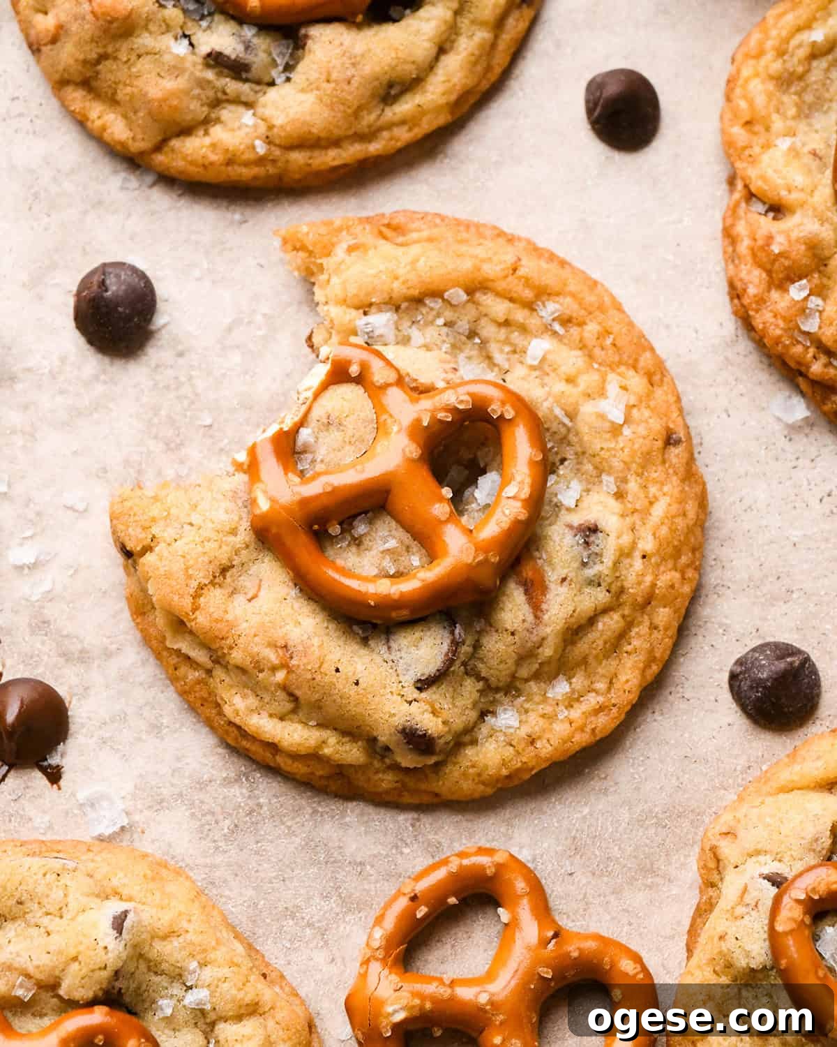 Salted Pretzel Chocolate Chip Cookies: Sweet Meets Crunch 3 a chocolate chip pretzel cookie with a bite taken out of it topped with a mini pretzel and a sprinkle of flaky sea salt. surrounded by chocolate chips and pretzels and more cookies