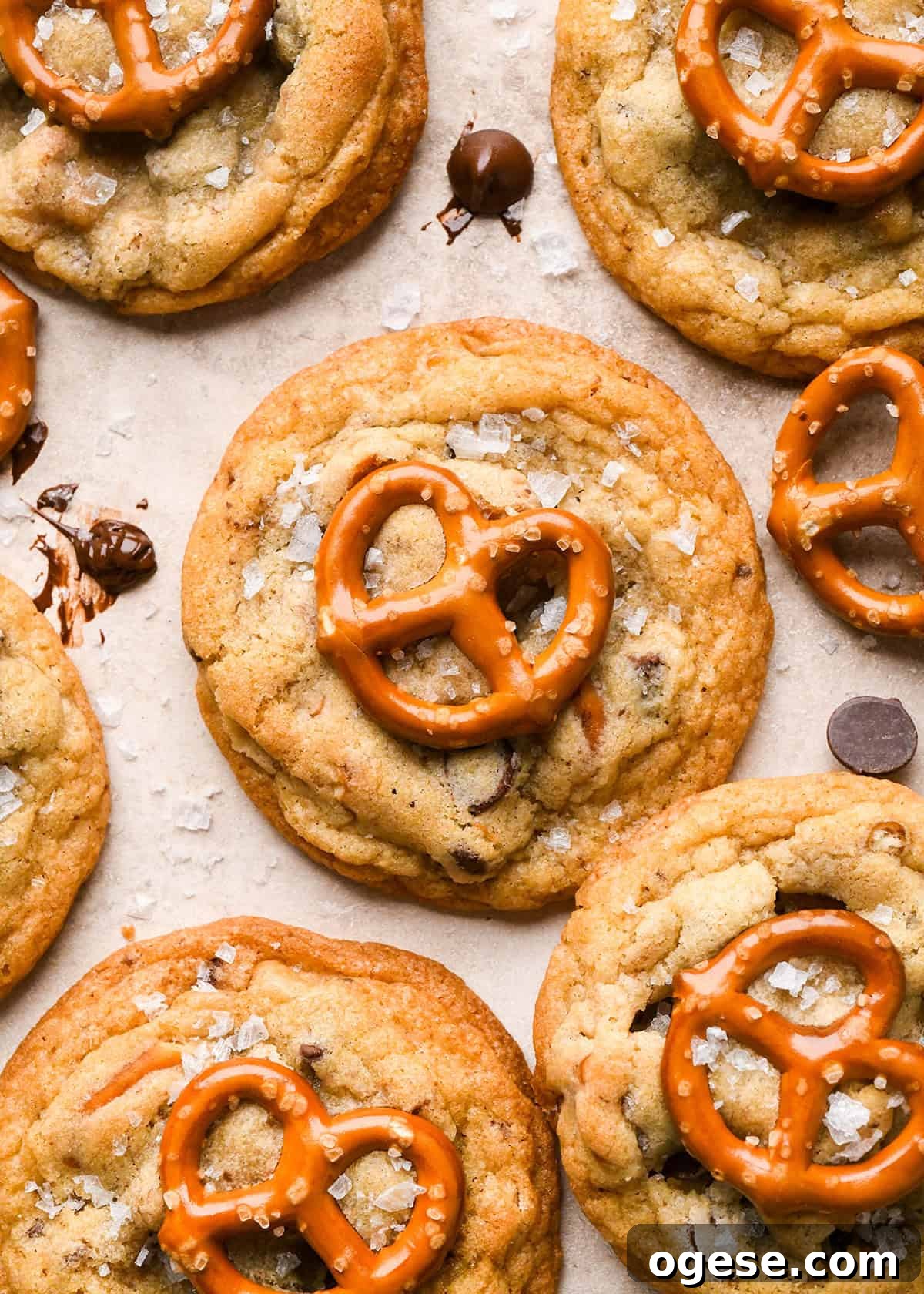 Salted Pretzel Chocolate Chip Cookies: Sweet Meets Crunch 24 6 chocolate chip pretzel cookies topped with a mini pretzel and a sprinkle of flaky sea salt. surrounded by chocolate chips and pretzels