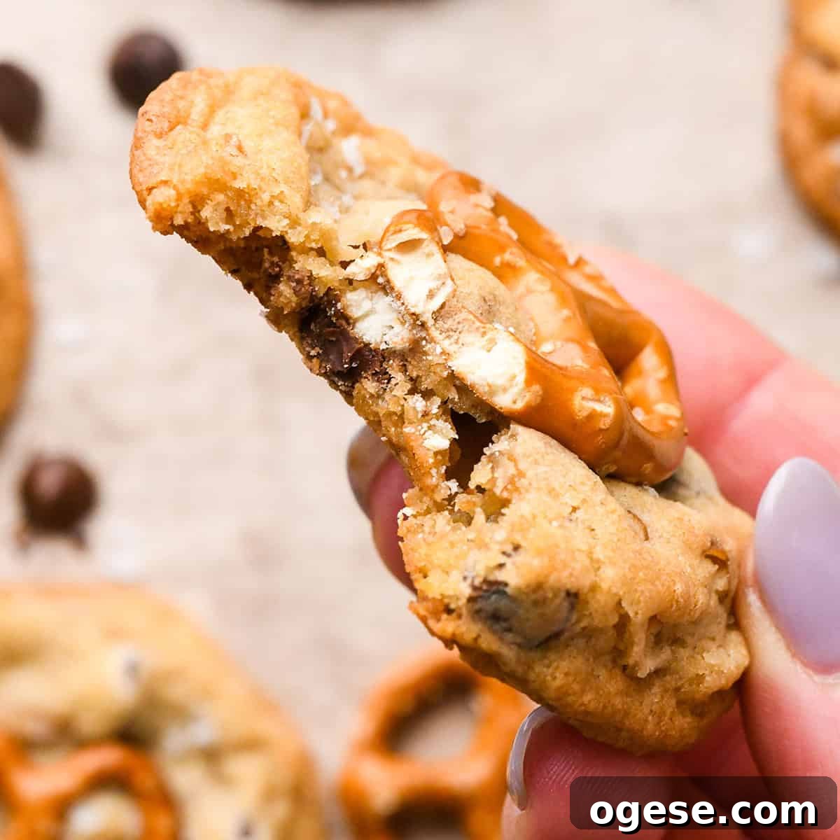 Salted Pretzel Chocolate Chip Cookies: Sweet Meets Crunch 25 a hand holding a pretzel cookie with a bite taken out of it topped with a mini pretzel and flaky sea salt