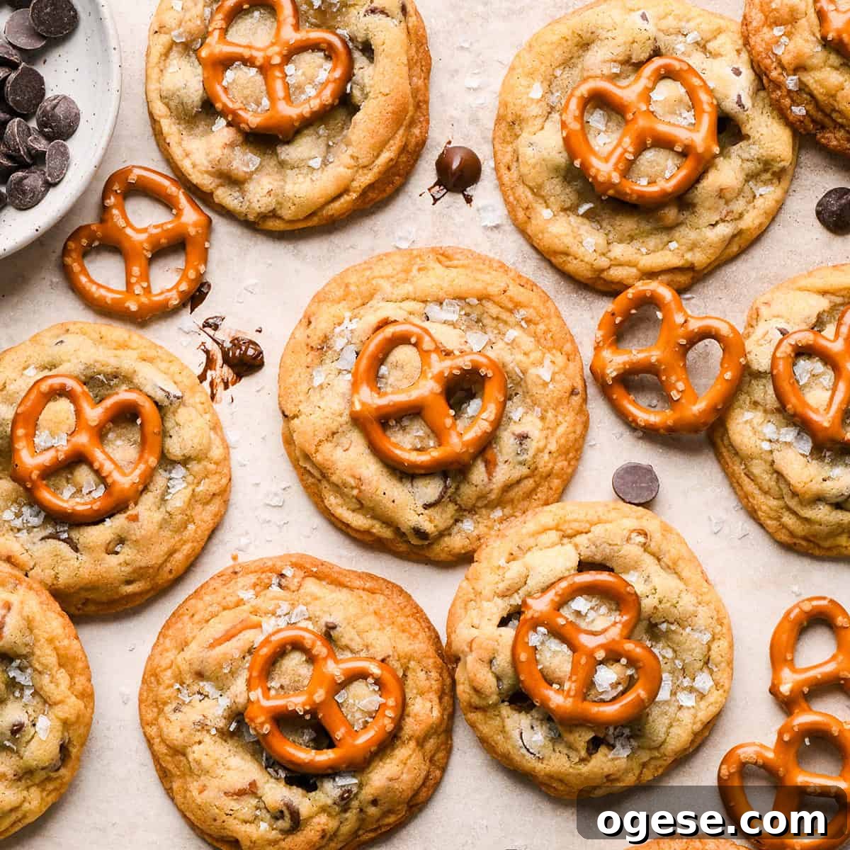 Salted Pretzel Chocolate Chip Cookies: Sweet Meets Crunch 5 9 chocolate chip pretzel cookies each topped with a mini pretzel and a sprinkle of flaky sea salt. surrounded by chocolate chips and pretzels
