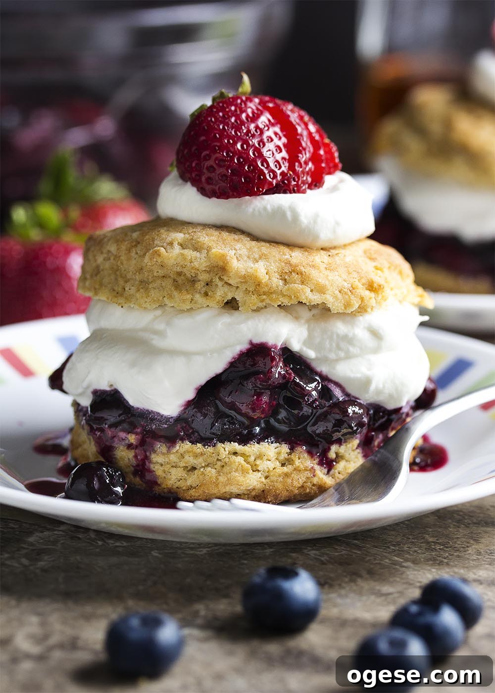 Roasted berry shortcake with bourbon whipped cream Side view of a roasted berry shortcake topped with bourbon whipped cream and a sliced strawberry.