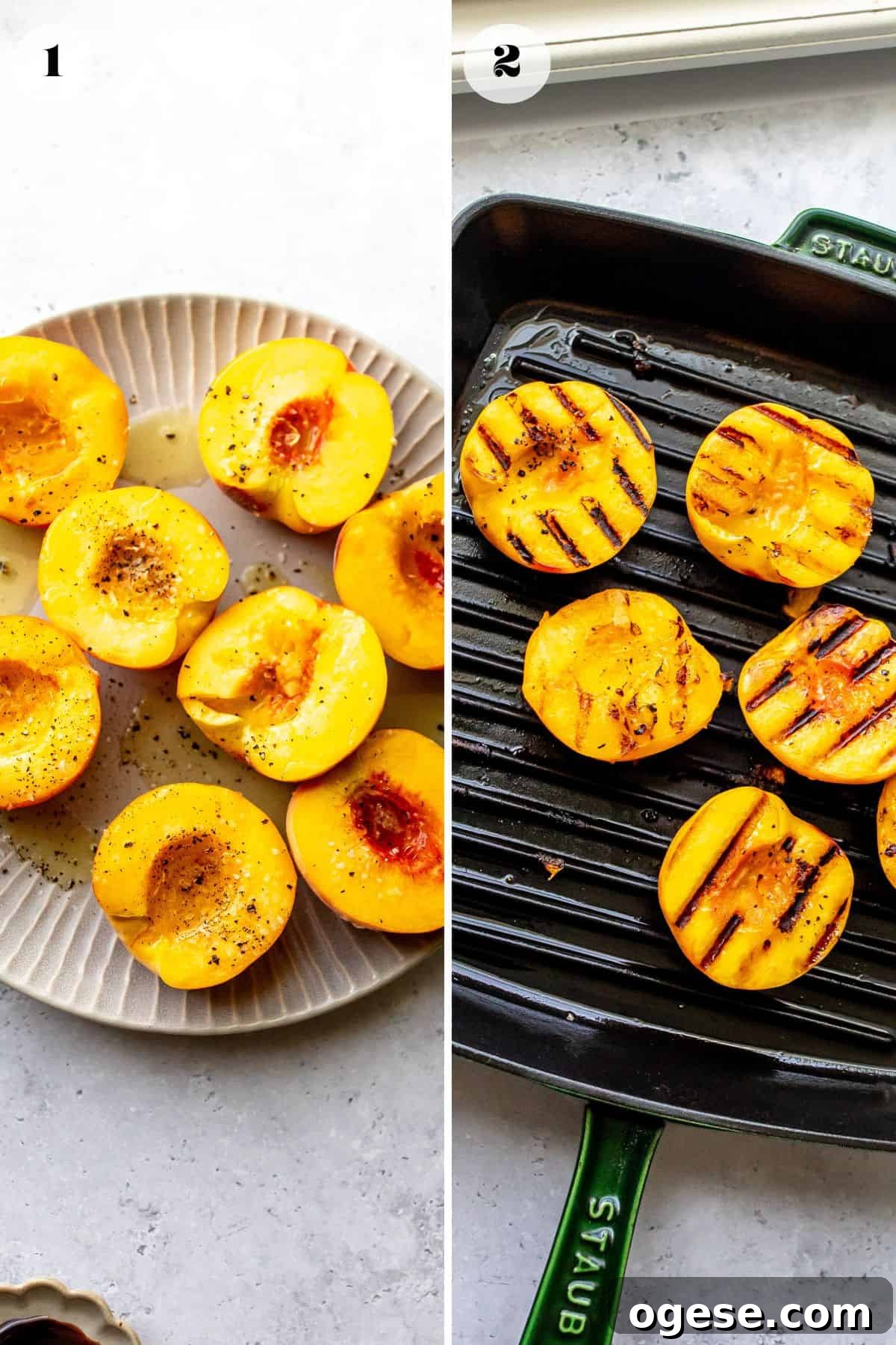 Steps to make this recipe. Peaches on a plate and on a grill pan.