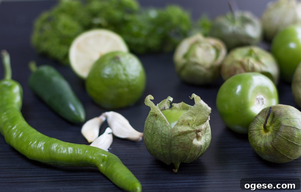 Tomatillos, chiles, garlic and lime