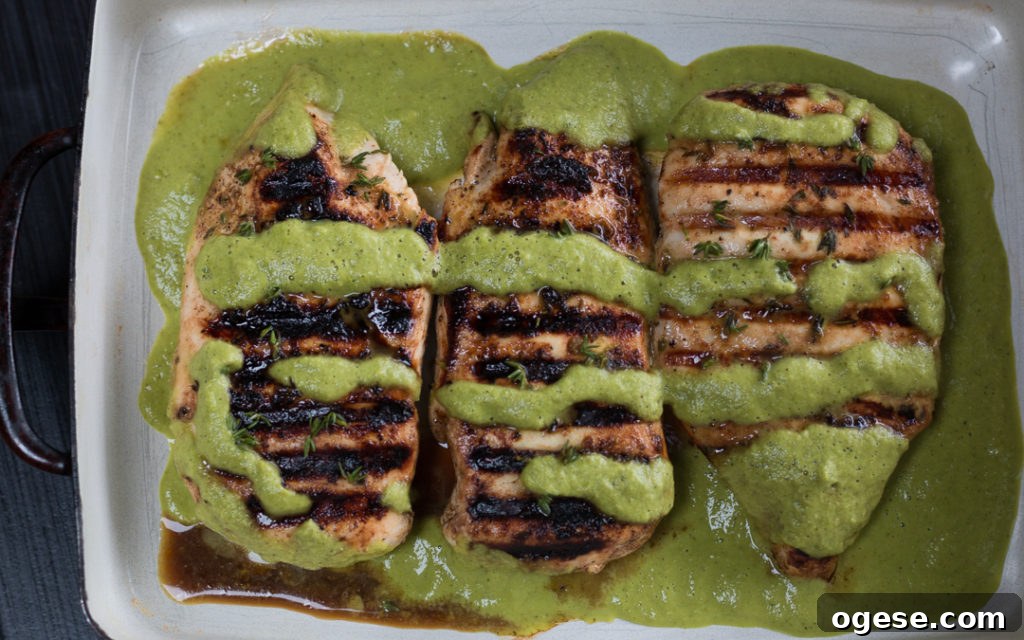 Grilled chicken topped with tomatillo sauce