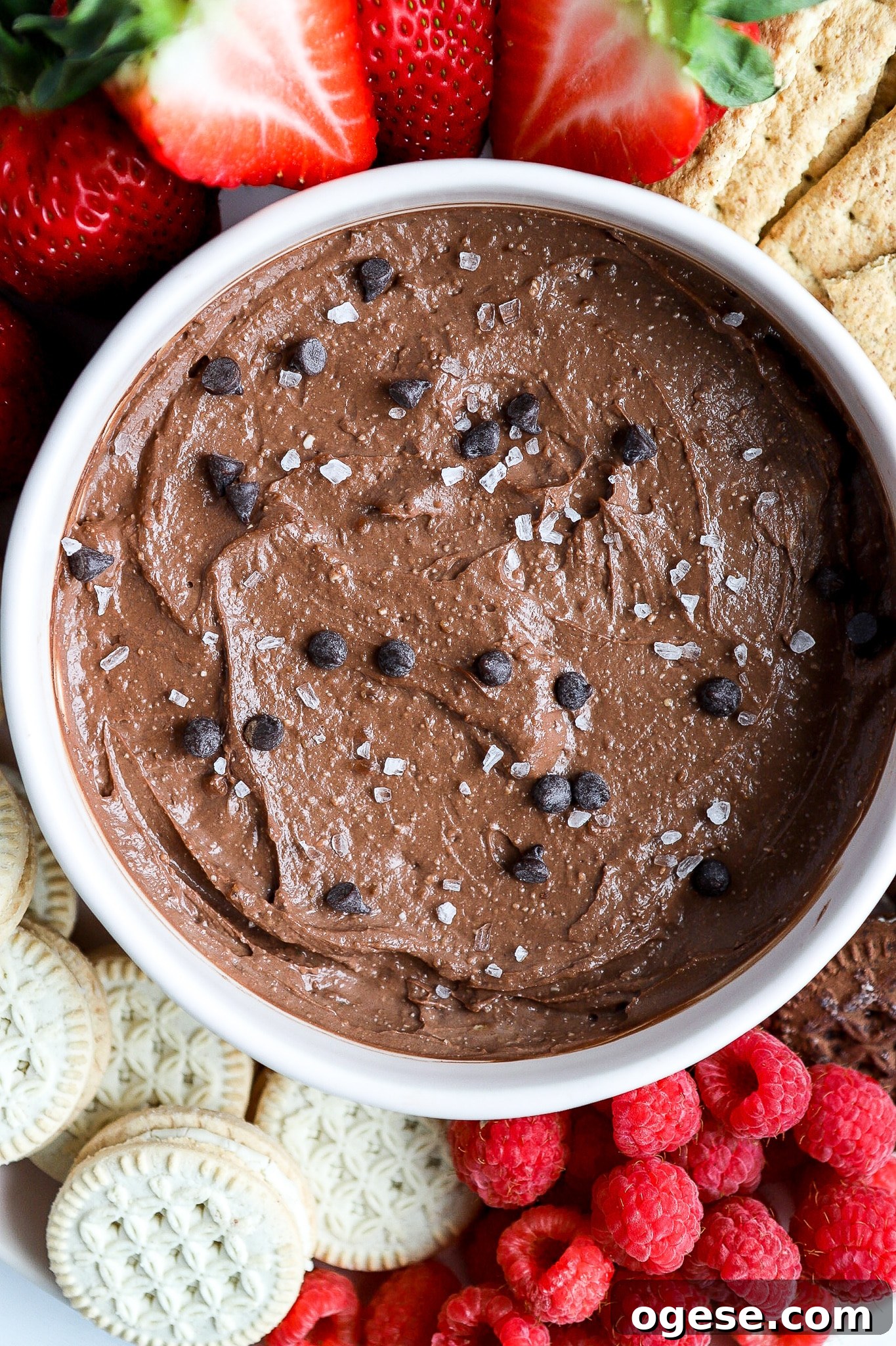 Chocolate Cottage Cheese Fruit Dip: Creamy Chocolate Dessert Recipe 5 top down view of creamy chocolate fruit dip with raspberries and strawberries