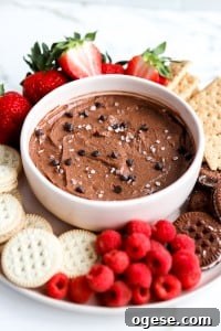 Chocolate Cottage Cheese Fruit Dip: Creamy Chocolate Dessert Recipe 6 side angle of chocolate peanut butter dip in a pink bowl with fresh fruit