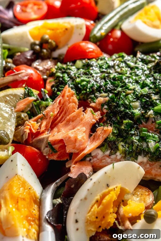 Copycat Nordstrom Café wild salmon Niçoise salad topped with herb-crusted salmon, potatoes, green beans, eggs, tomatoes, olives, and capers.