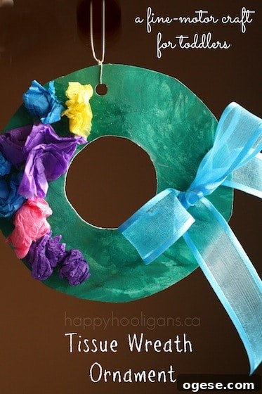 Toddler Christmas Craft: Tissue Paper Wreath 8 finished cardboard wreath
