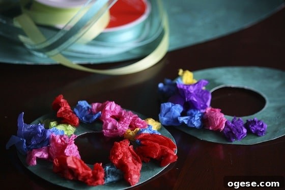 Toddler Christmas Craft: Tissue Paper Wreath 7 cardboard wreaths and ribbon