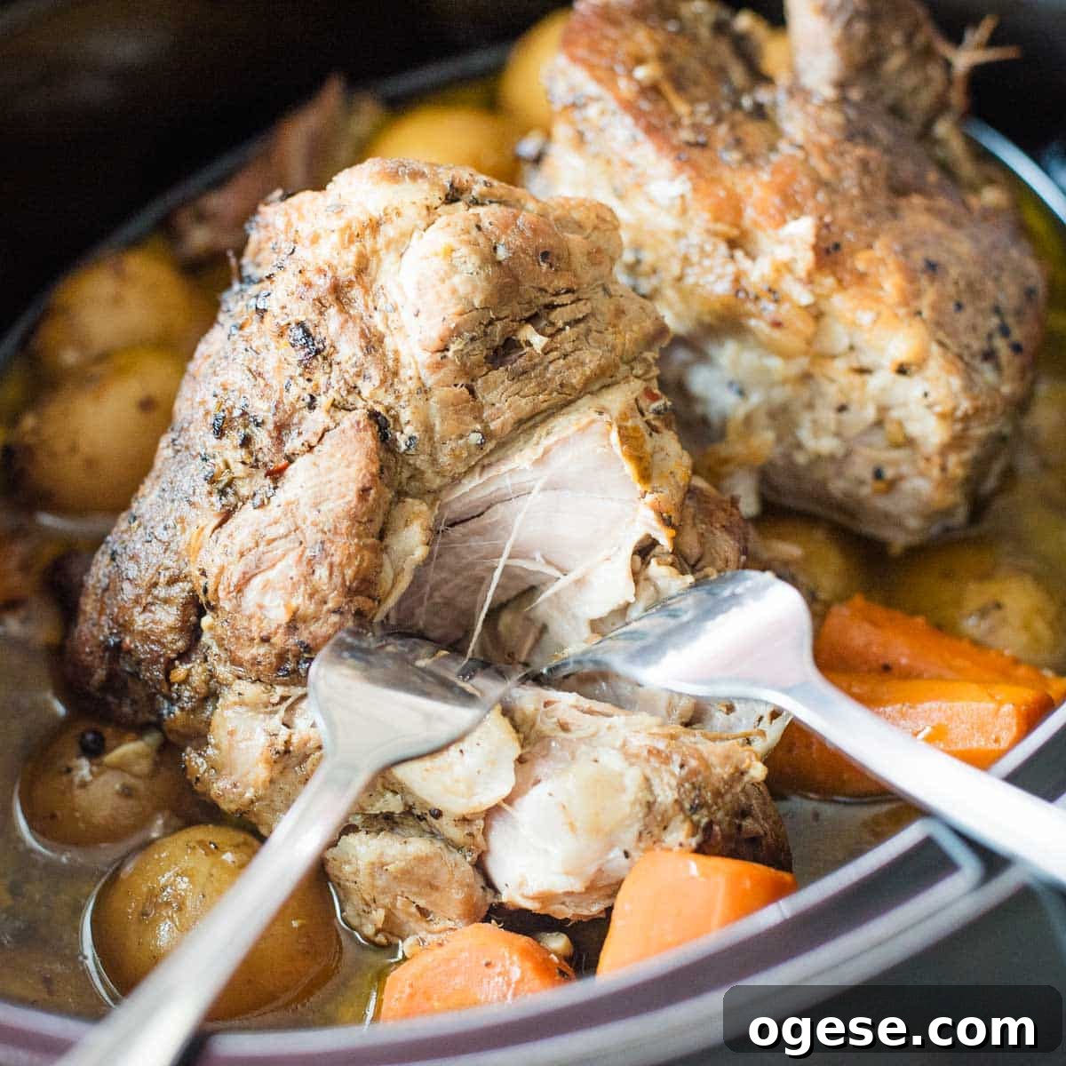 Slow Cooker Italian Pork Roast with Garlic and Herbs 19 Shredding Italian slow cooker pork with two forks.
