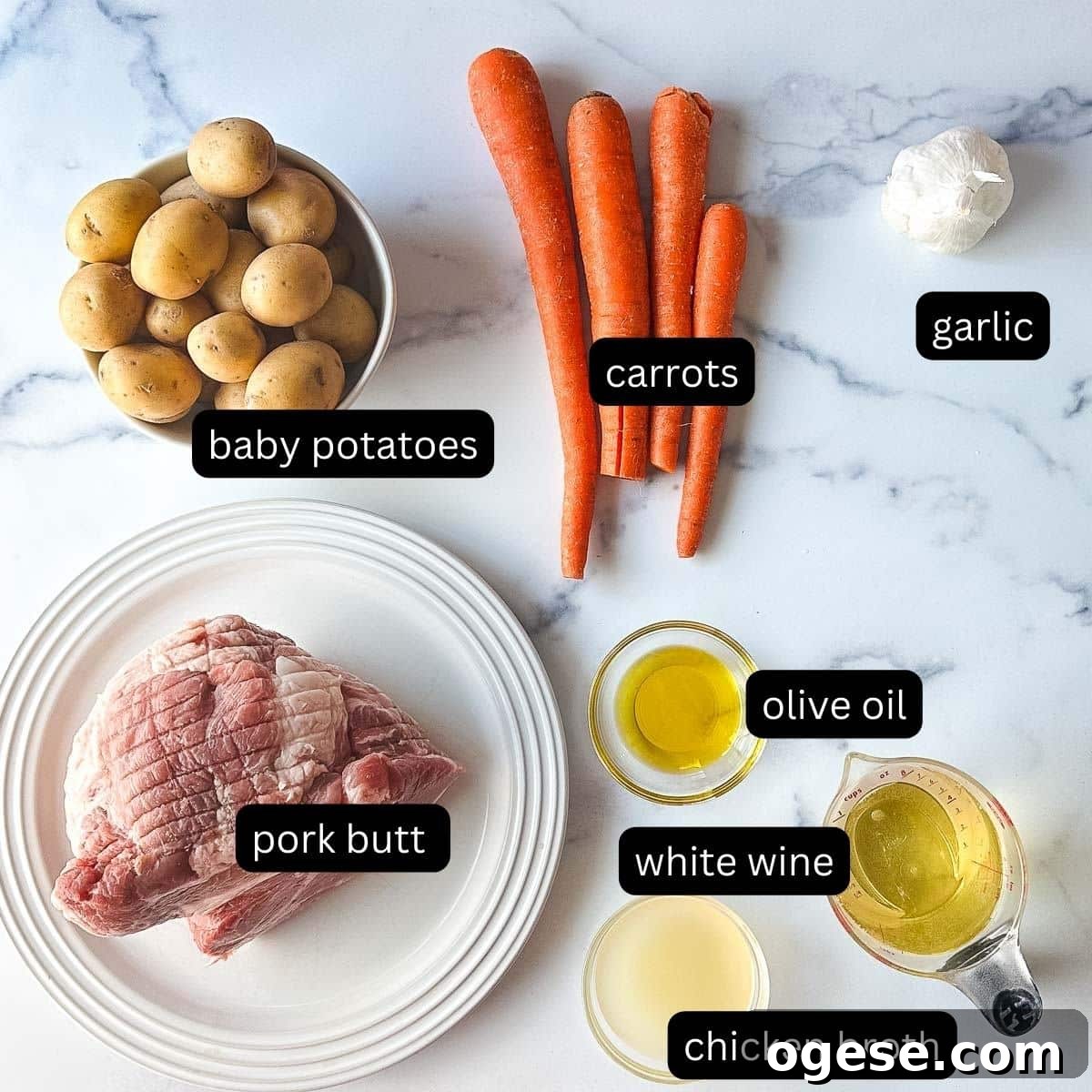 Slow Cooker Italian Pork Roast with Garlic and Herbs 3 Ingredients for a roast chicken recipe on a marble countertop.