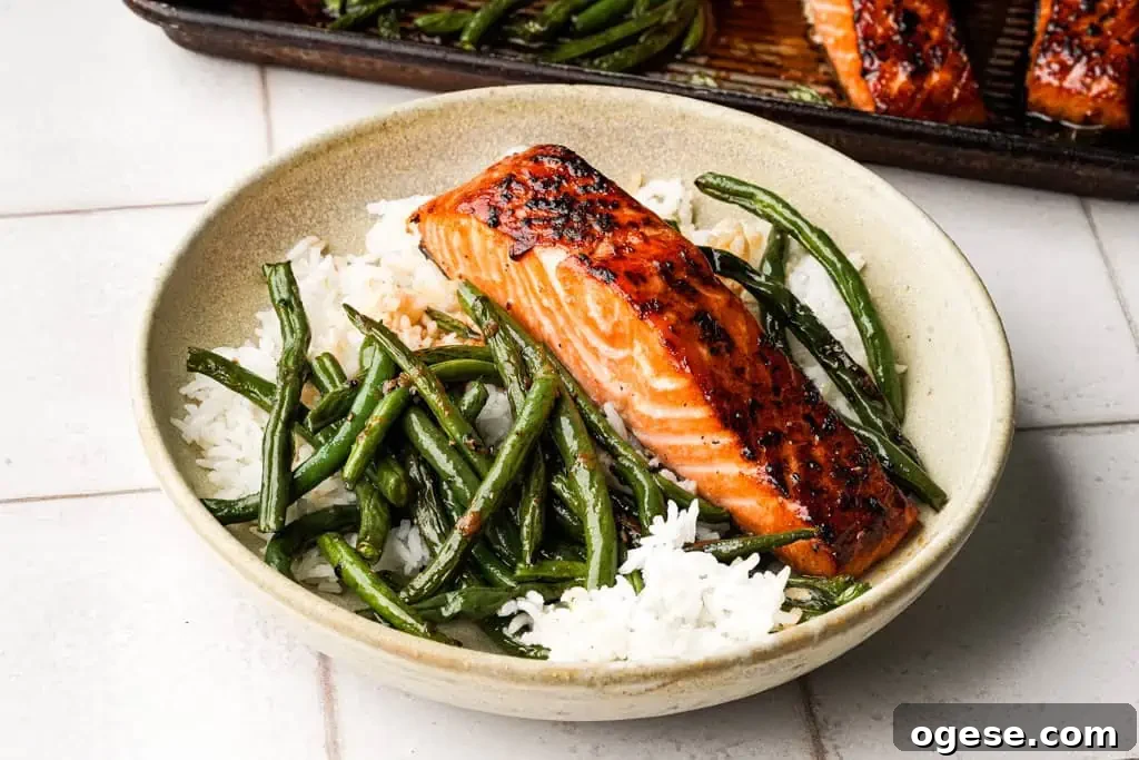 Plated Sheet Pan Salmon plated sheet pan salmon with rice and asparagus