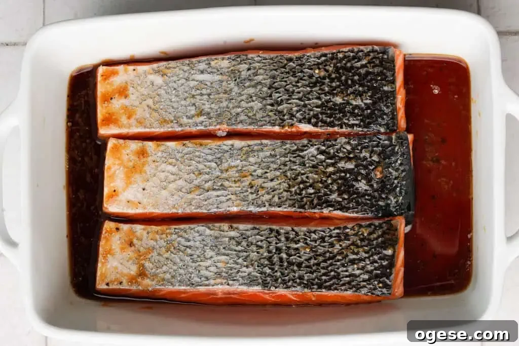Marinating Salmon three salmon filets placed face down in a honey soy marinade