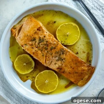 Baked salmon fillet on white plate