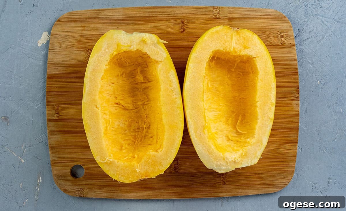 Cheesy Stuffed Spaghetti Squash with Herbs and Parmesan 7 Seeds removed from both halves of squash.