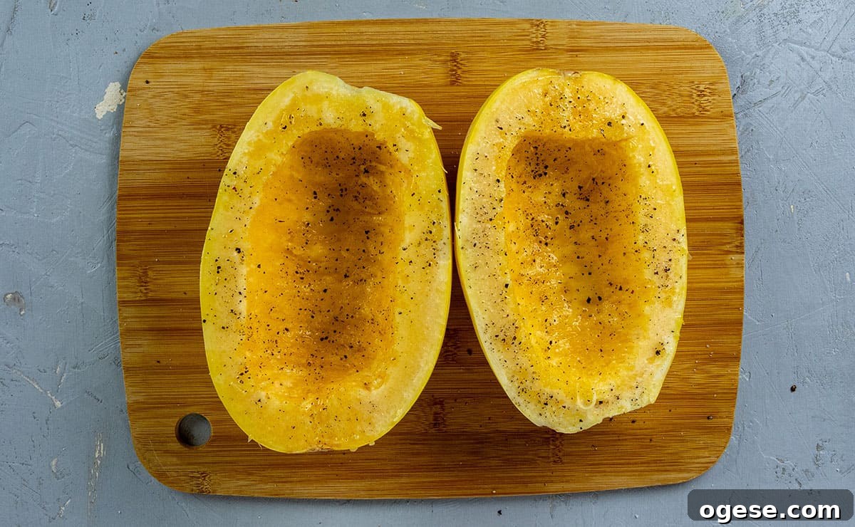 Cheesy Stuffed Spaghetti Squash with Herbs and Parmesan 8 Spaghetti squash halves brush with olive oil and sprinkled with salt and pepper.
