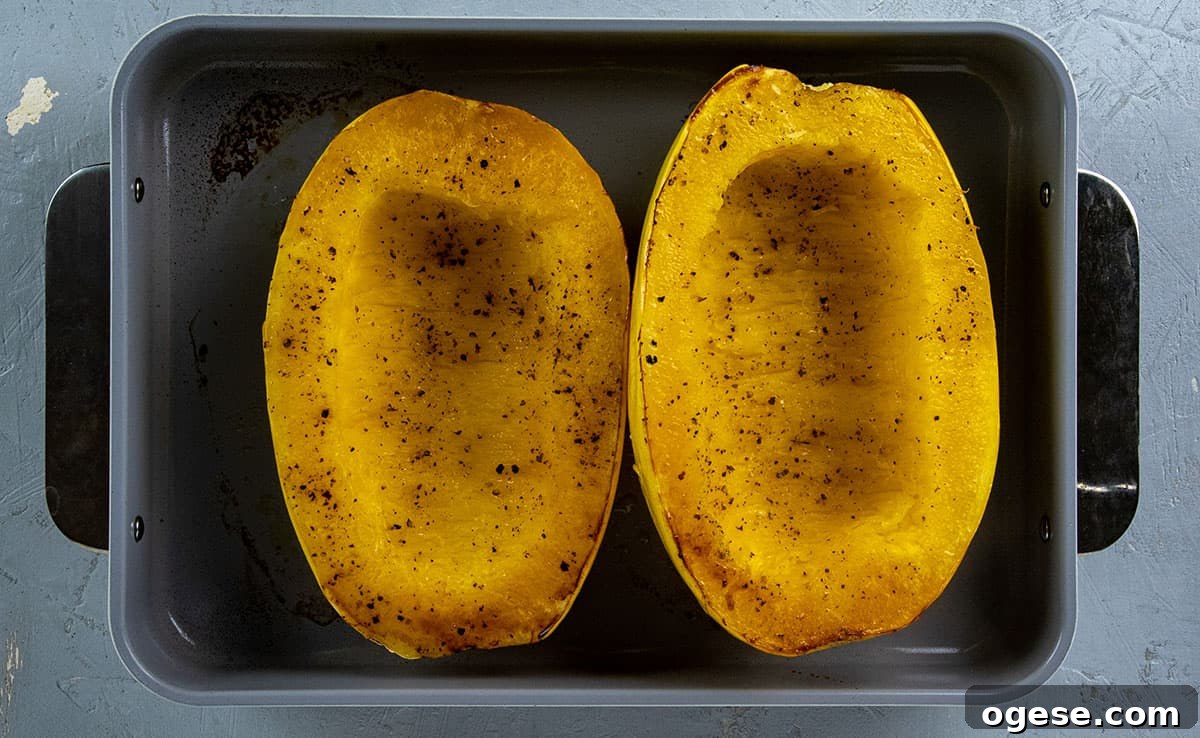 Cheesy Stuffed Spaghetti Squash with Herbs and Parmesan 9 Roasted spaghetti squash halves.