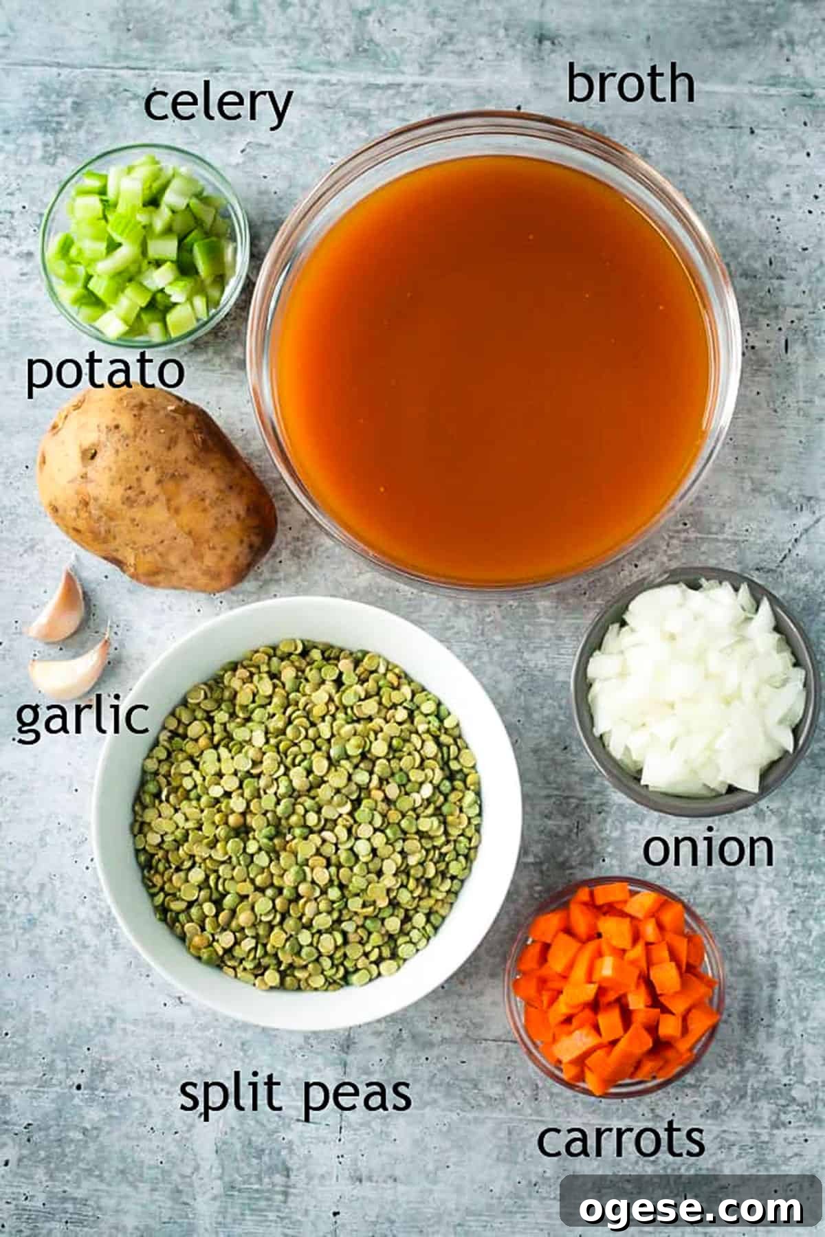 Instant Pot Vegan Split Pea Soup with Smoky Flavor 3 Recipe ingredients arrayed in individual bowls.