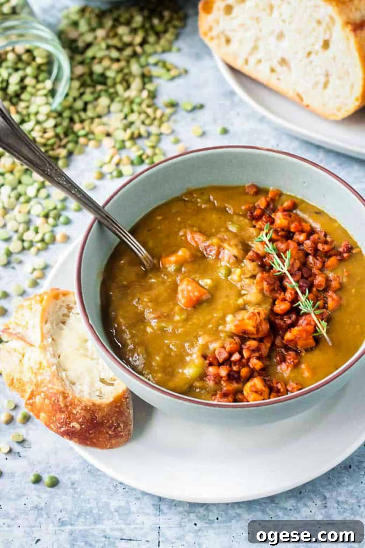 Instant Pot Vegan Split Pea Soup with Smoky Flavor 5 Split pea soup topped with crumbled tempeh.