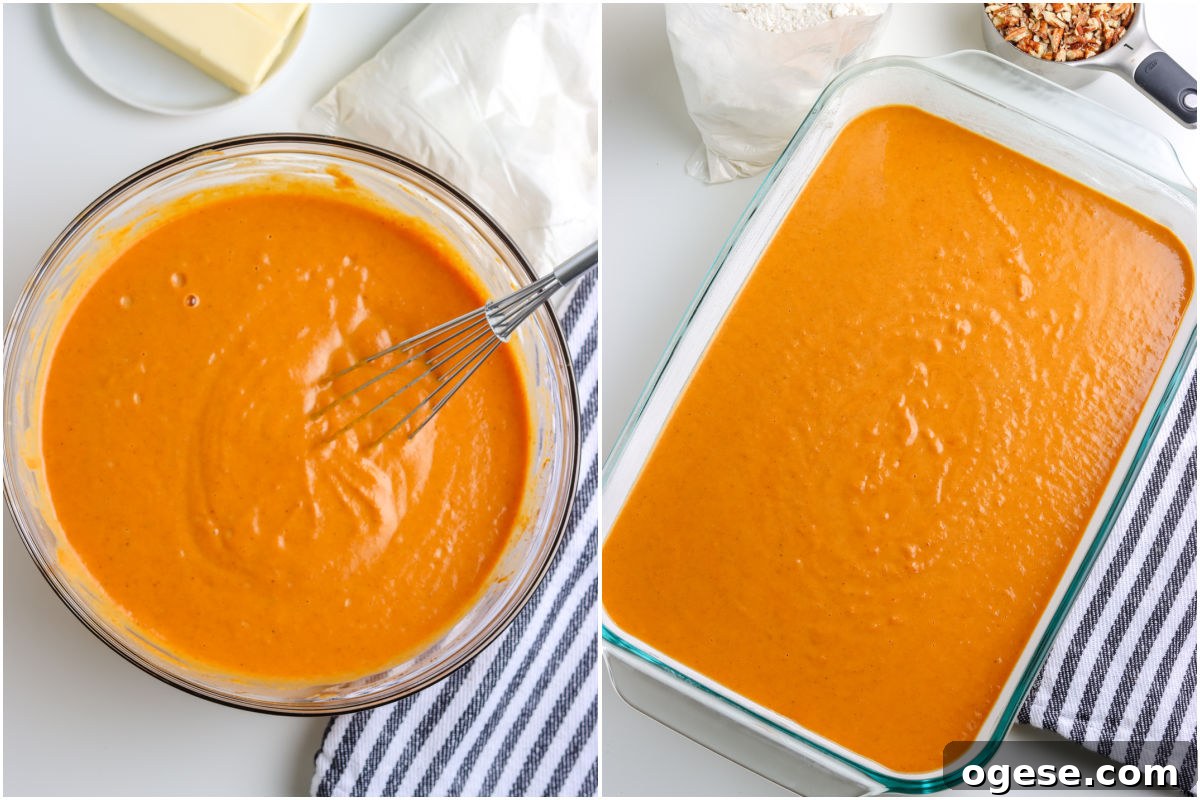 The pumpkin layer mixed together and poured into a greased pyrex dish.