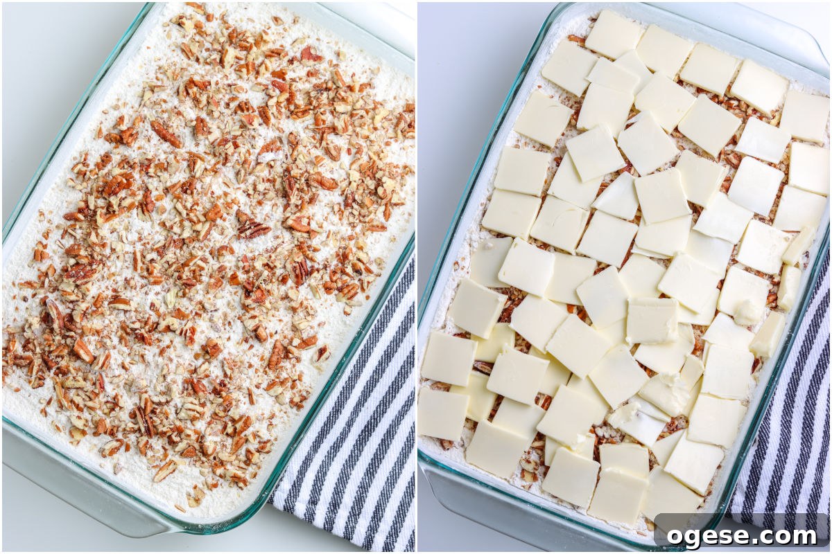 Cake mix sprinkled over the pumpkin layer and topped with pecans and slices of butter.