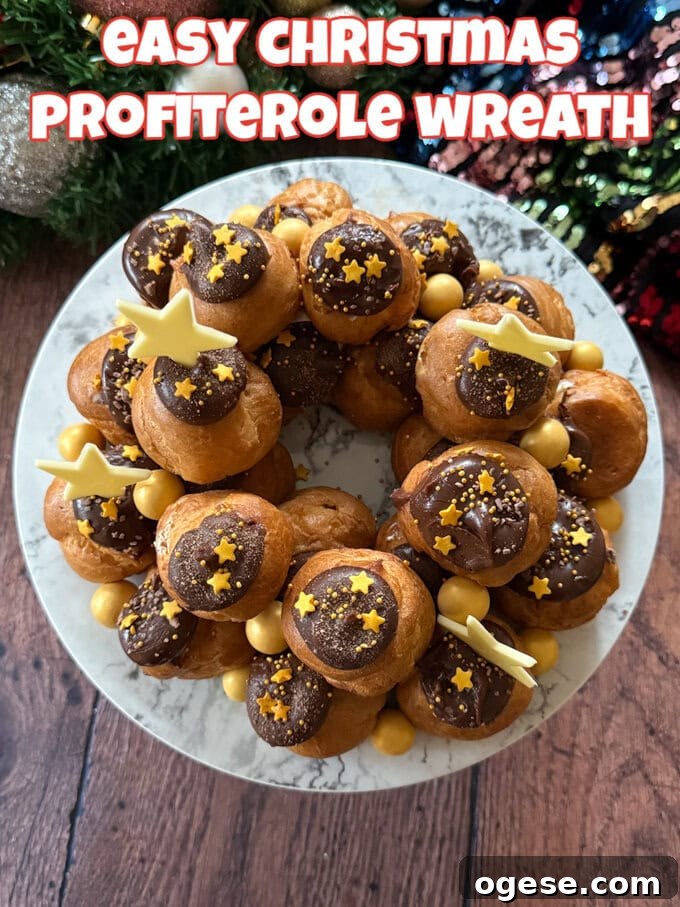 Christmas Party Menu Ideas to Impress Your Guests 3 Profiterole Wreath decorated with lots of gold star sprinkles and large white chocolate stars.