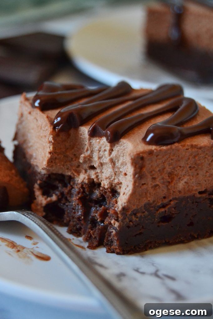 Closeup slice of a bailey's brownie with a bite missing
