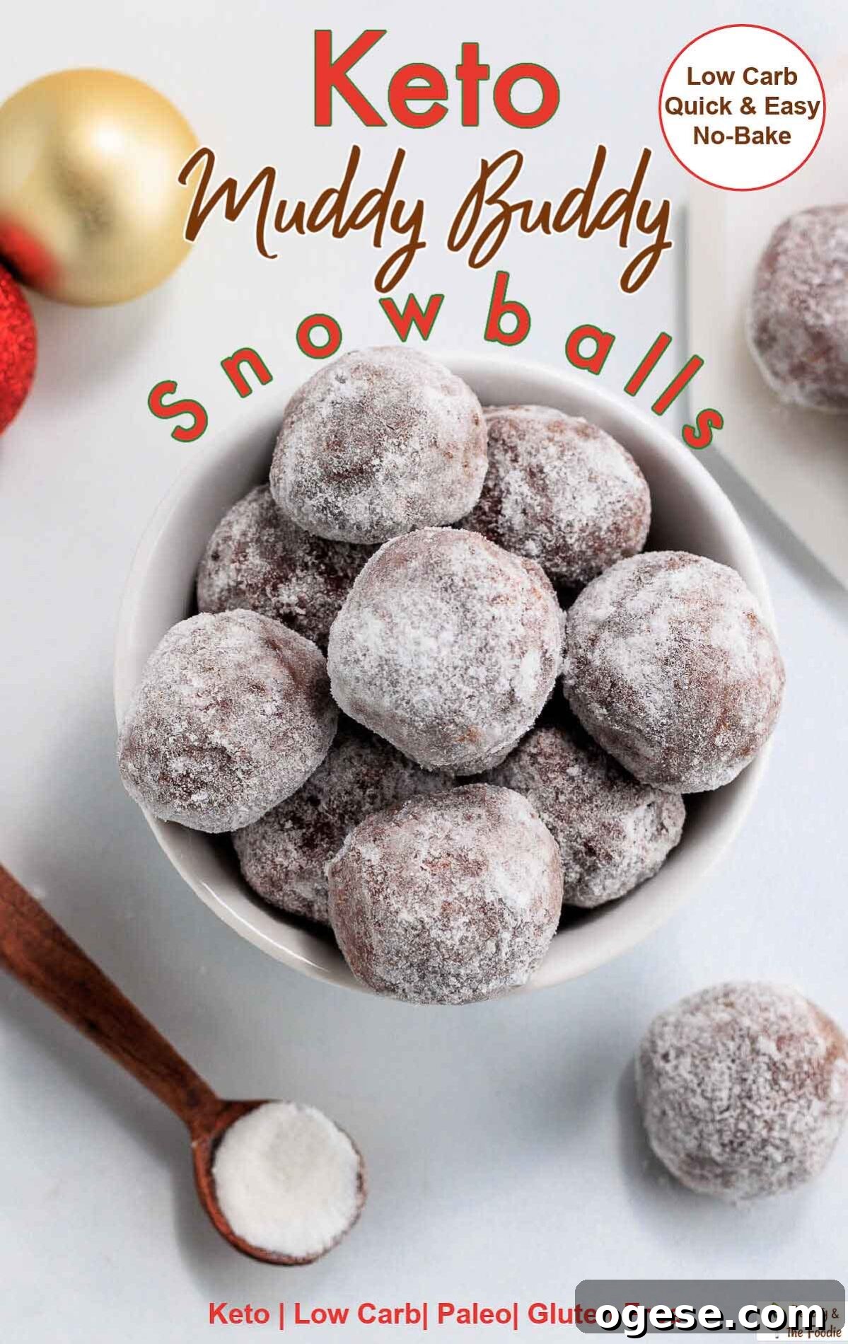 A bowl with muddy buddy snowball treats, and xmas ornaments in the background