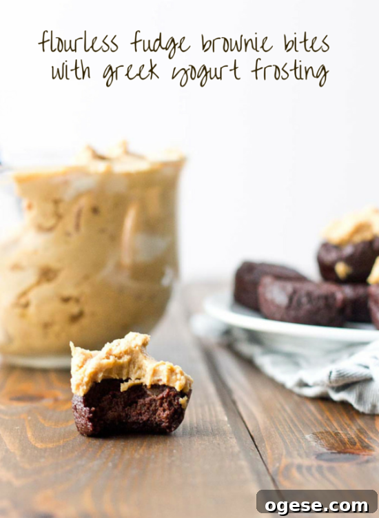 Flourless Fudge Brownie Bites with Greek Yogurt Frosting 2 Flourless Chocolate Fudge Brownie Bites topped with Peanut Butter Greek Yogurt Frosting