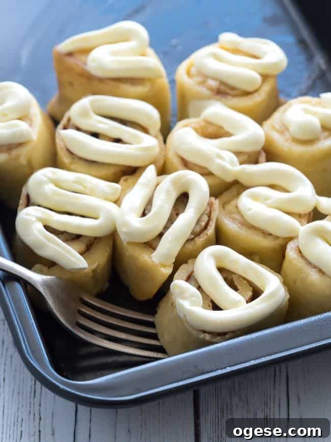 Closeup of iced keto cinnamon roll
