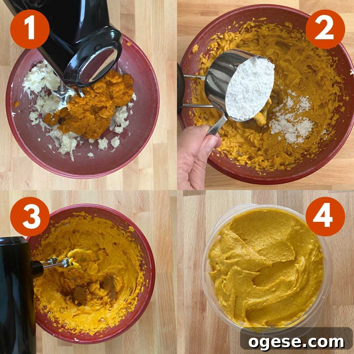 Creamy Pumpkin and Cream Cheese Dip for Fall Parties 4 Numbered steps to make pumpkin cream cheese dip: 1) An electric mixer in bowl with cream cheese and pumpkin. 2) Powdered sugar being adding to the bowl. 3) Electric beaters in bowl mixing ingredients. 4) Dip in plastic bowl.